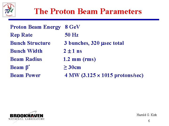 The Proton Beam Parameters Proton Beam Energy Rep Rate Bunch Structure Bunch Width Beam