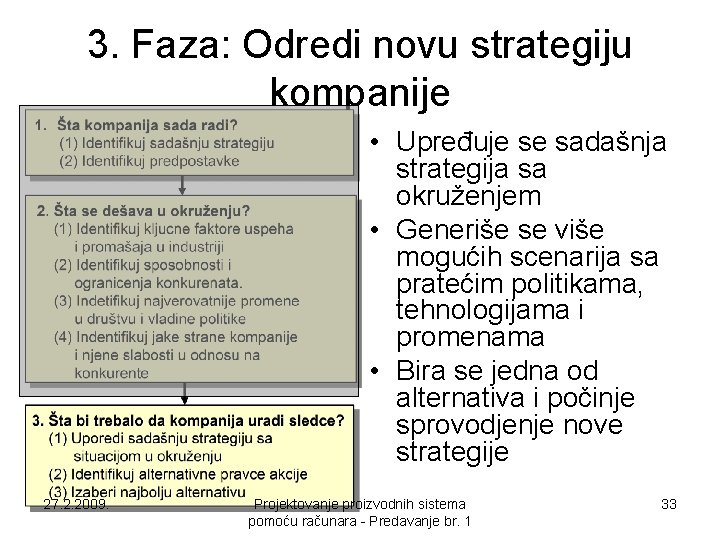 3. Faza: Odredi novu strategiju kompanije • Upređuje se sadašnja strategija sa okruženjem • 3. Faza: Odredi novu strategiju kompanije • Upređuje se sadašnja strategija sa okruženjem •