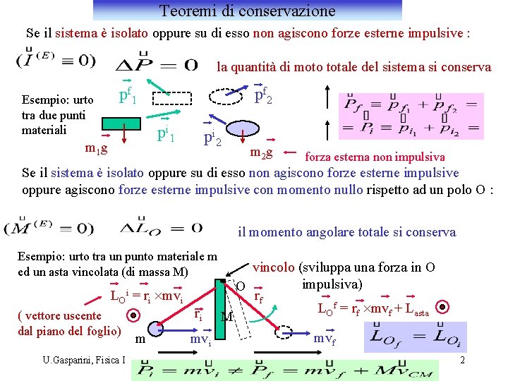 Teoremi di conservazione Se il sistema è isolato oppure su di esso non agiscono