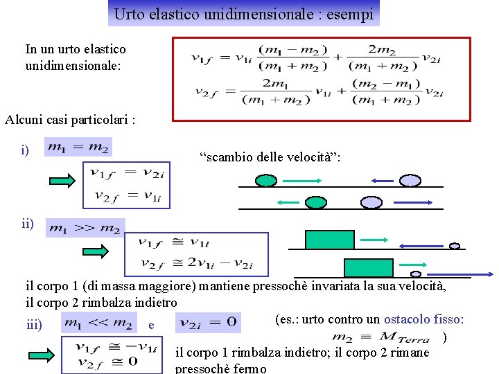 Urto elastico unidimensionale : esempi In un urto elastico unidimensionale: Alcuni casi particolari :