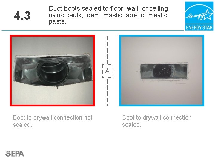 4. 3 Duct boots sealed to floor, wall, or ceiling using caulk, foam, mastic
