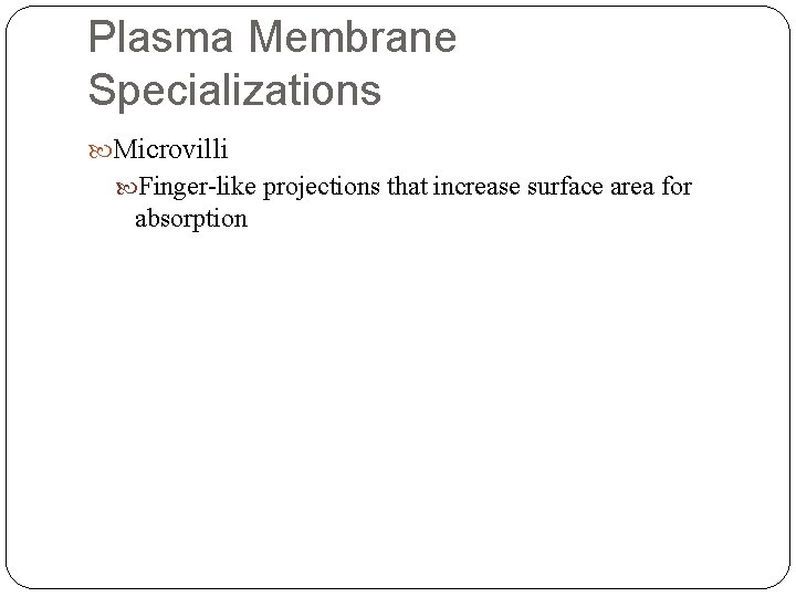 Plasma Membrane Specializations Microvilli Finger-like projections that increase surface area for absorption 