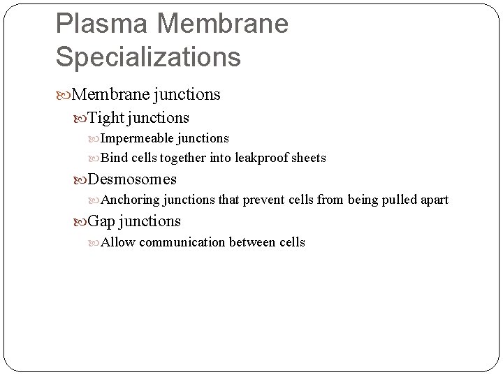 Plasma Membrane Specializations Membrane junctions Tight junctions Impermeable junctions Bind cells together into leakproof