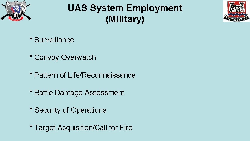 UAS System Employment (Military) * Surveillance * Convoy Overwatch * Pattern of Life/Reconnaissance *