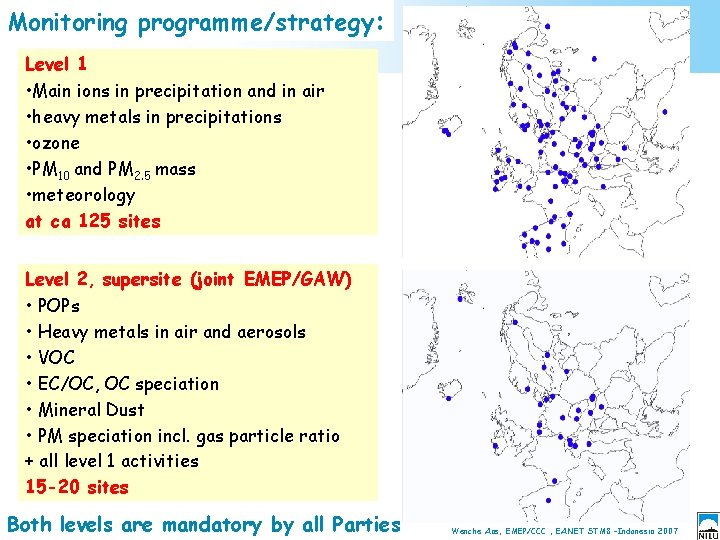 Monitoring programme/strategy: Level 1 • Main ions in precipitation and in air • heavy