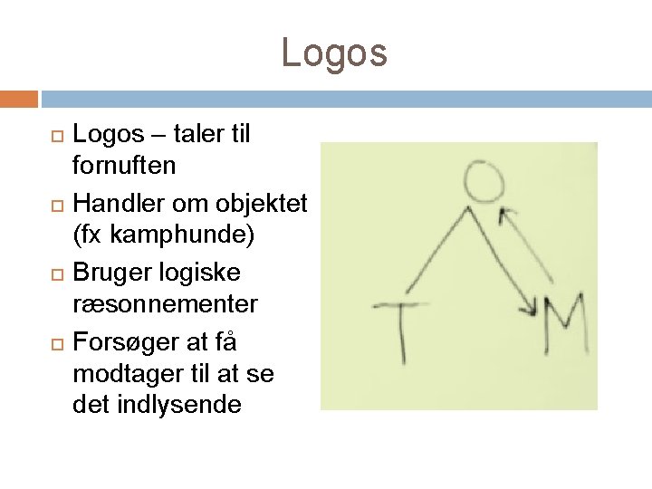 Logos Logos – taler til fornuften Handler om objektet (fx kamphunde) Bruger logiske ræsonnementer
