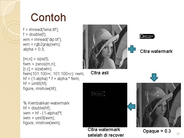 Contoh f = imread('lena. tif'); f = double(f); wm = imread('dip. tif'); wm =