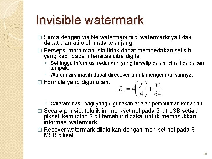 Invisible watermark Sama dengan visible watermark tapi watermarknya tidak dapat diamati oleh mata telanjang.