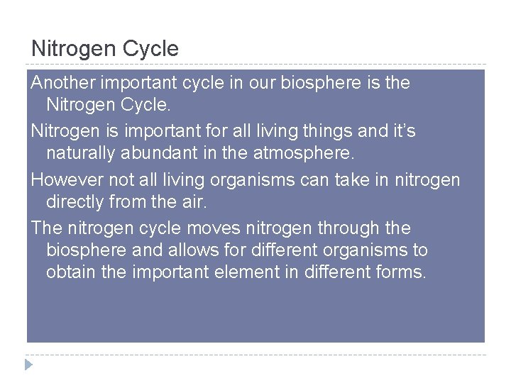 Nitrogen Cycle Another important cycle in our biosphere is the Nitrogen Cycle. Nitrogen is