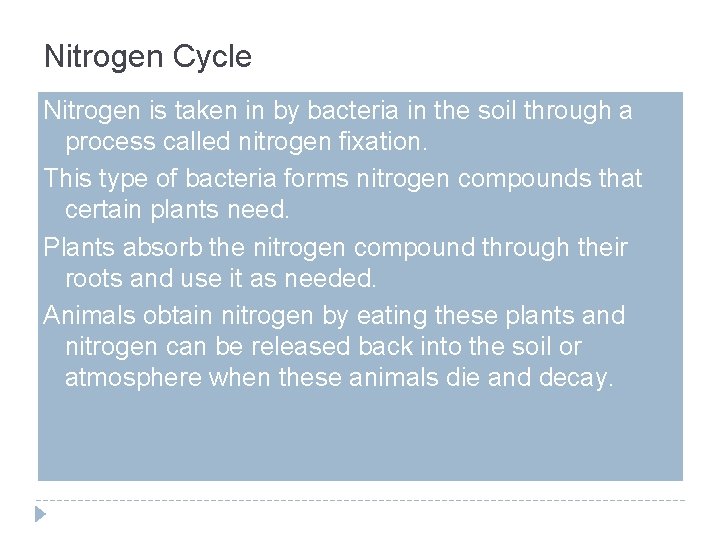 Nitrogen Cycle Nitrogen is taken in by bacteria in the soil through a process