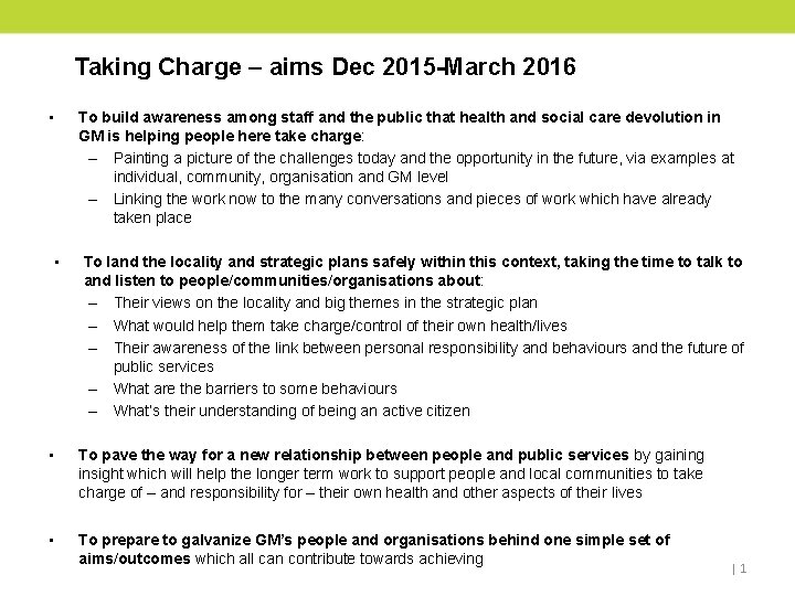 Taking Charge – aims Dec 2015 -March 2016 • • To build awareness among