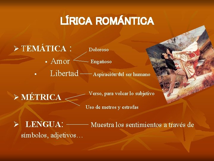 LÍRICA ROMÁNTICA Ø TEMÁTICA § § : Amor Libertad Ø MÉTRICA Doloroso Engañoso Aspiración