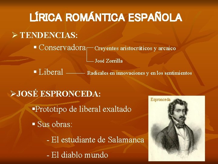 LÍRICA ROMÁNTICA ESPAÑOLA Ø TENDENCIAS: § Conservadora Creyentes aristocráticos y arcaico José Zorrilla §