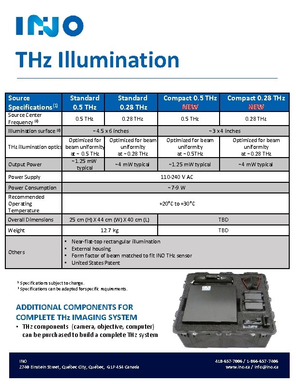 THz Illumination Source Specifications(1) Source Center Frequency (2) Illumination surface (2) Standard 0. 5