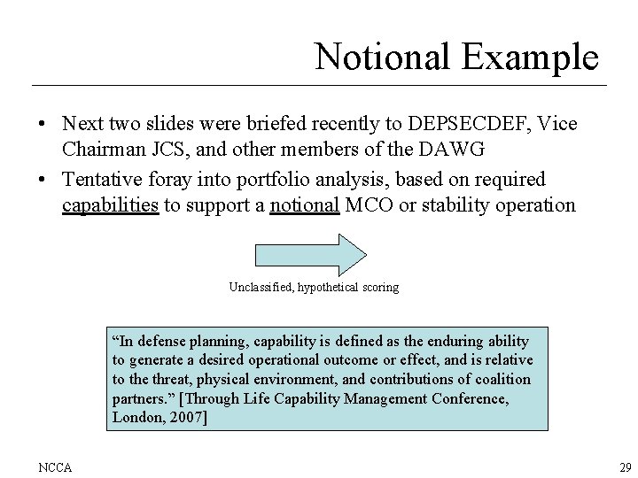 Notional Example • Next two slides were briefed recently to DEPSECDEF, Vice Chairman JCS,