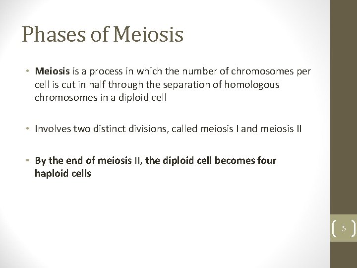 Phases of Meiosis • Meiosis is a process in which the number of chromosomes