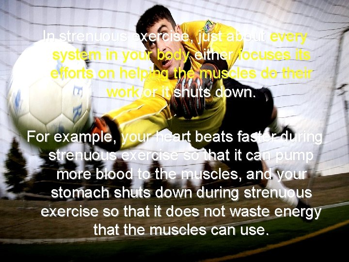 In strenuous exercise, just about every system in your body either focuses its efforts