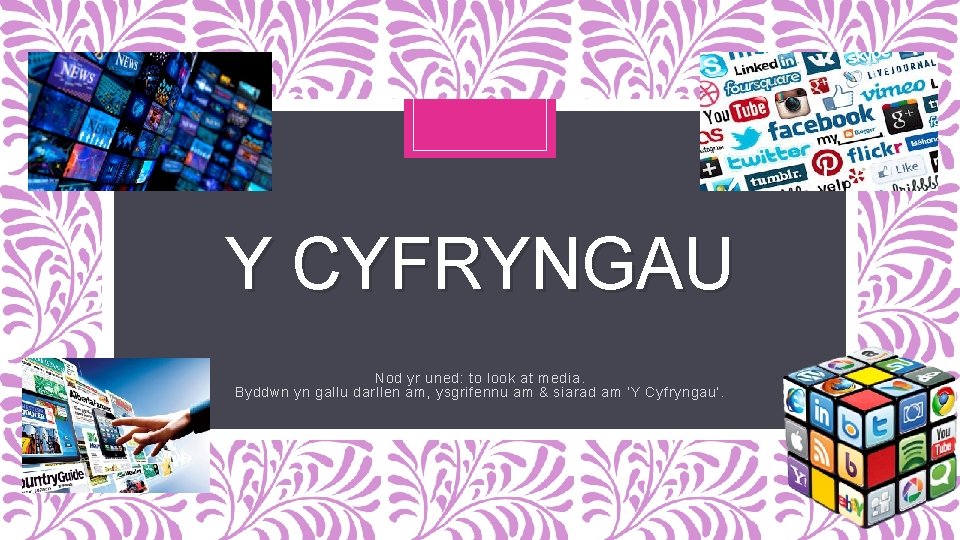 Y CYFRYNGAU Nod yr uned: to look at media. Byddwn yn gallu darllen am,