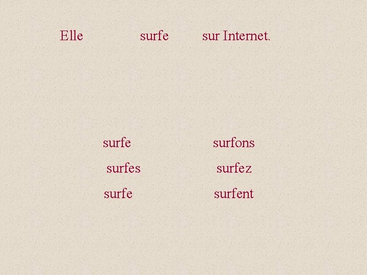 Elle surfe sur Internet. surfe surfons surfez surfent 