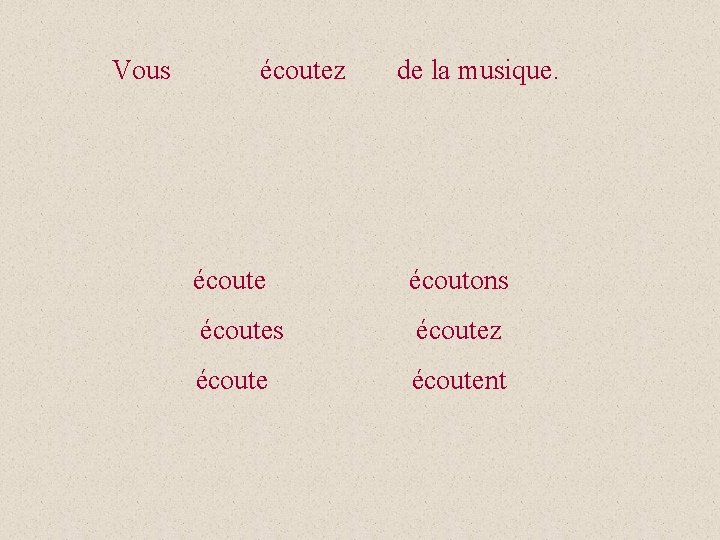 Vous écoutez de la musique. écoute écoutons écoutez écoutent 