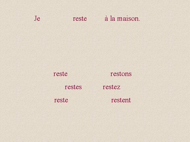 Je restes reste à la maison. restons restez restent 