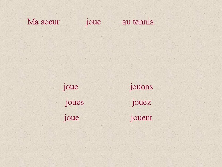 Ma soeur joue au tennis. joue jouons jouez jouent 