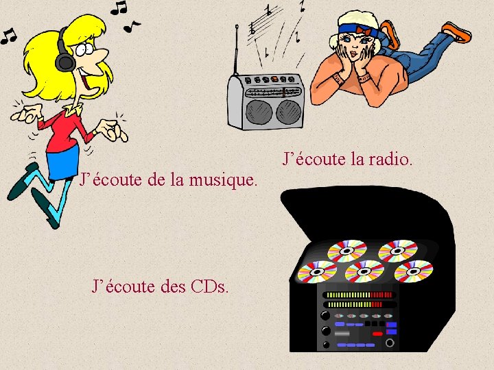 J’écoute de la musique. J’écoute des CDs. J’écoute la radio. 