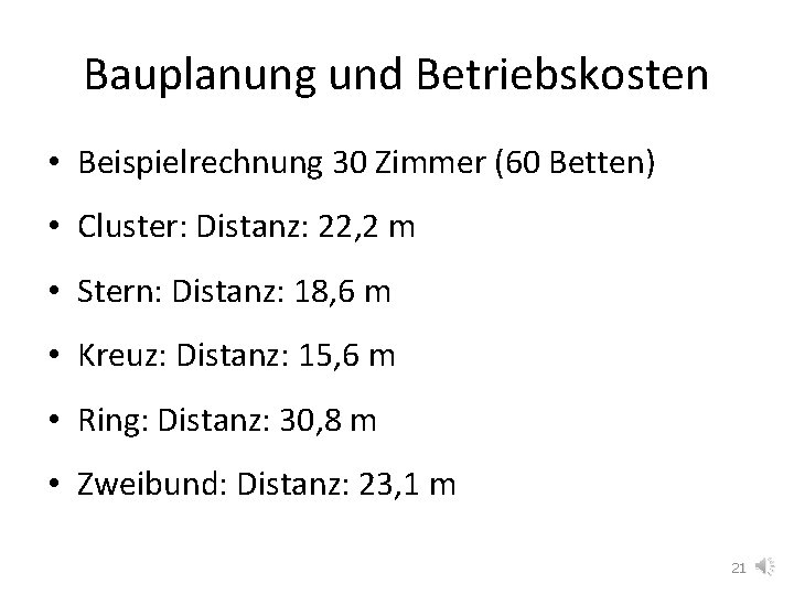 Bauplanung und Betriebskosten • Beispielrechnung 30 Zimmer (60 Betten) • Cluster: Distanz: 22, 2