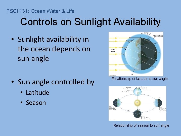 PSCI 131: Ocean Water & Life Controls on Sunlight Availability • Sunlight availability in