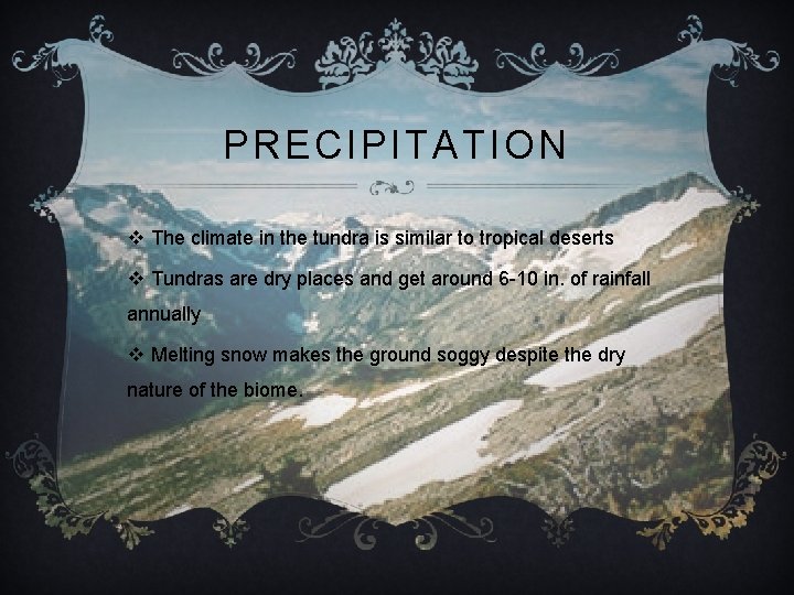 PRECIPITATION v The climate in the tundra is similar to tropical deserts v Tundras