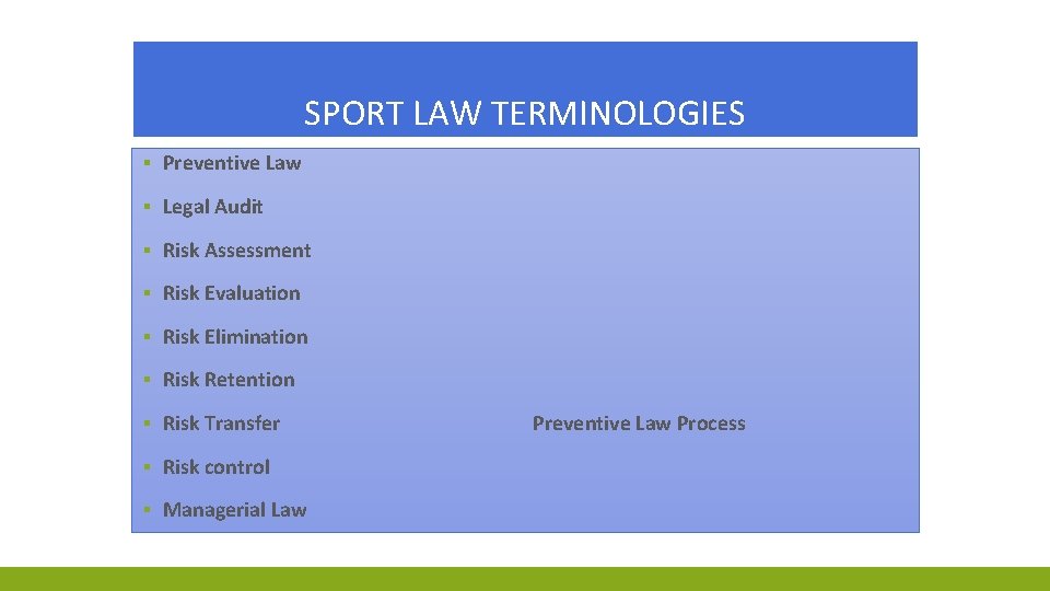 SPORT LAW TERMINOLOGIES ▪ Preventive Law ▪ Legal Audit ▪ Risk Assessment ▪ Risk