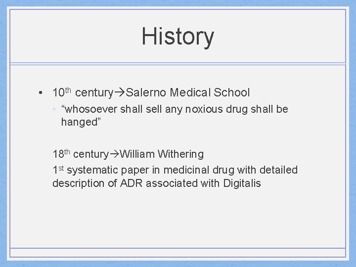 History • 10 th century Salerno Medical School • “whosoever shall sell any noxious