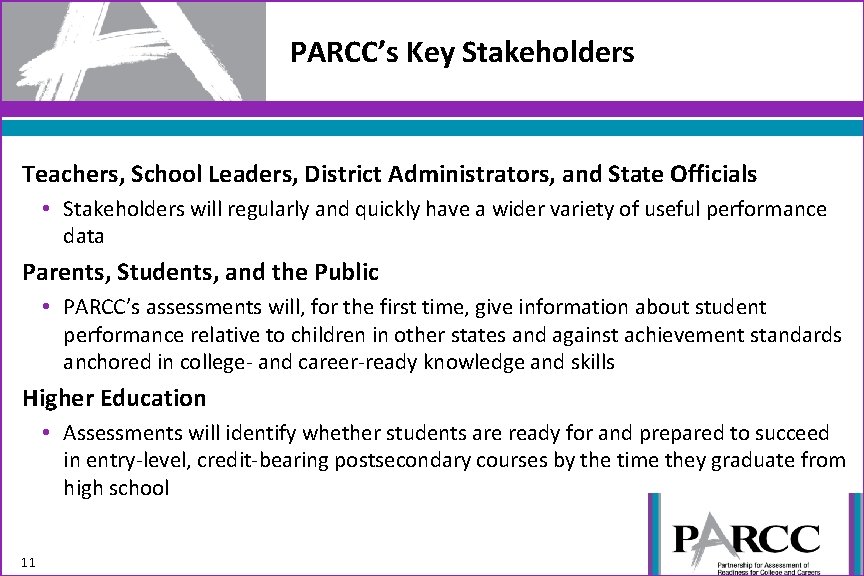 PARCC’s Key Stakeholders Teachers, School Leaders, District Administrators, and State Officials • Stakeholders will