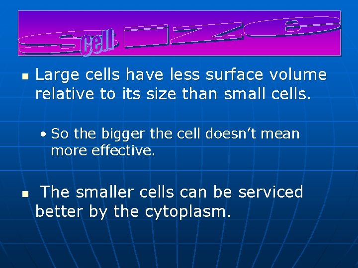 n Large cells have less surface volume relative to its size than small cells.