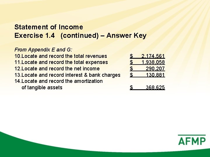 Statement of Income Exercise 1. 4 (continued) – Answer Key From Appendix E and
