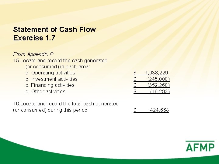 Statement of Cash Flow Exercise 1. 7 From Appendix F: 15. Locate and record