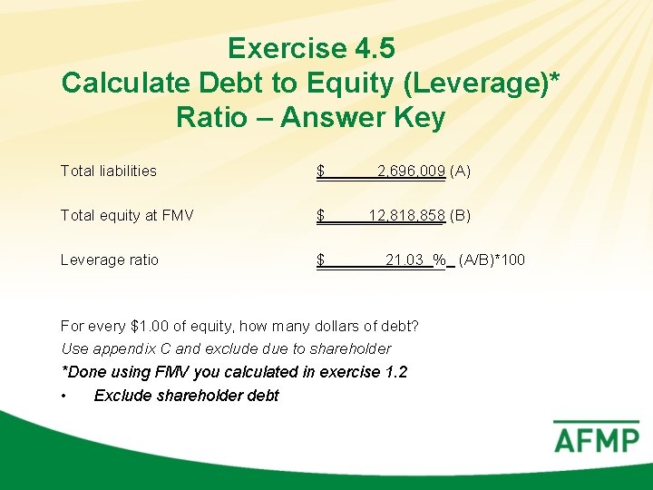 Exercise 4. 5 Calculate Debt to Equity (Leverage)* Ratio – Answer Key Total liabilities