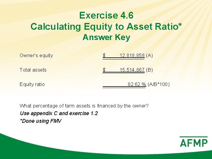 Exercise 4. 6 Calculating Equity to Asset Ratio* Answer Key Owner’s equity $ 12,