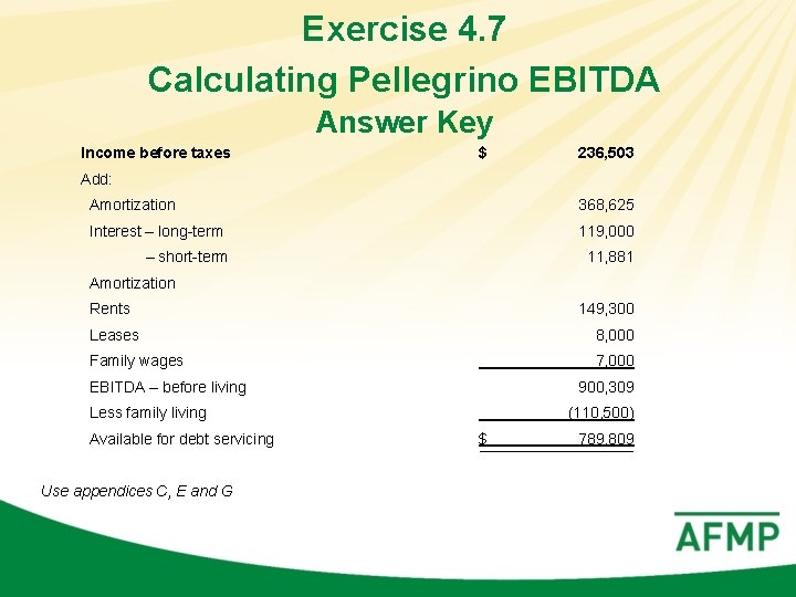 Exercise 4. 7 Calculating Pellegrino EBITDA Answer Key Income before taxes $ 236, 503