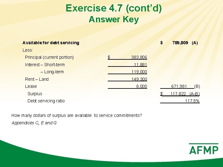 Exercise 4. 7 (cont’d) Answer Key Available for debt servicing $ 789, 809 (A)