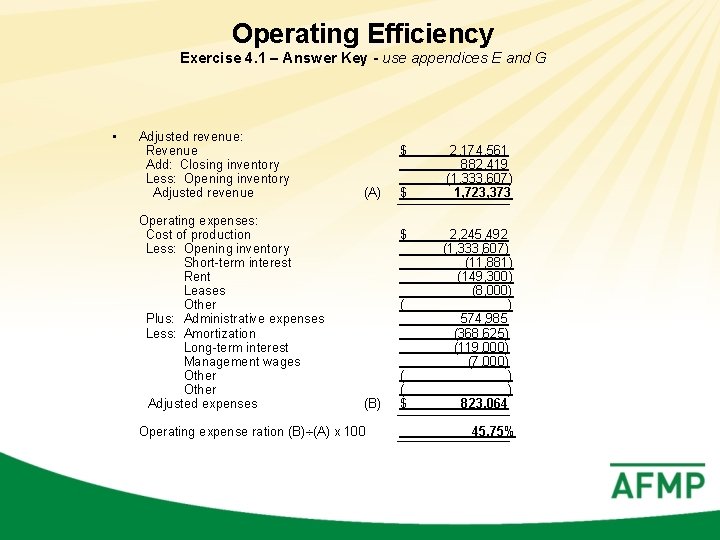 Operating Efficiency Exercise 4. 1 – Answer Key - use appendices E and G