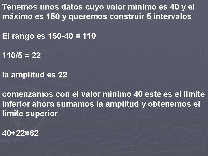 Tenemos unos datos cuyo valor mínimo es 40 y el máximo es 150 y