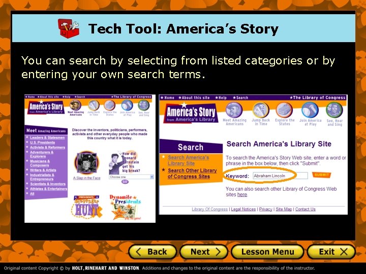 Tech Tool: America’s Story You can search by selecting from listed categories or by Tech Tool: America’s Story You can search by selecting from listed categories or by