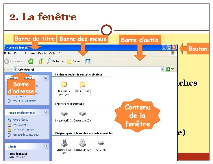 2. La fenêtre Barre de titre Barre des menus Barre d’outils Bouton Barreréduit d’adresse