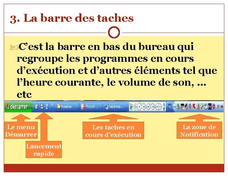 3. La barre des taches C’est la barre en bas du bureau qui regroupe