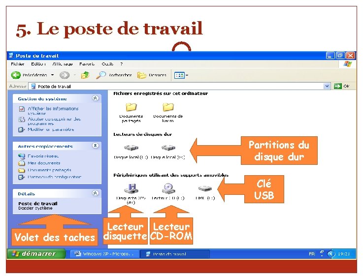 5. Le poste de travail Permet d’accéder aux différentes parties du PC tel que