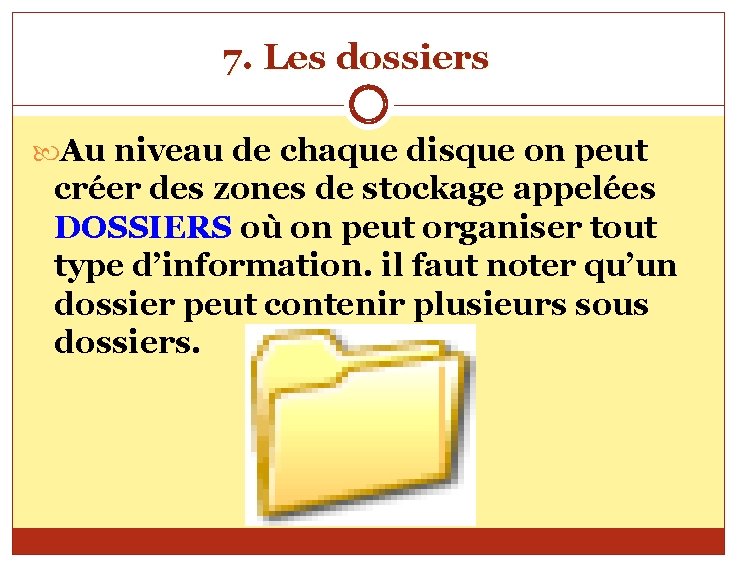 7. Les dossiers Au niveau de chaque disque on peut créer des zones de