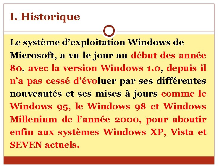 I. Historique Le système d’exploitation Windows de Microsoft, a vu le jour au début