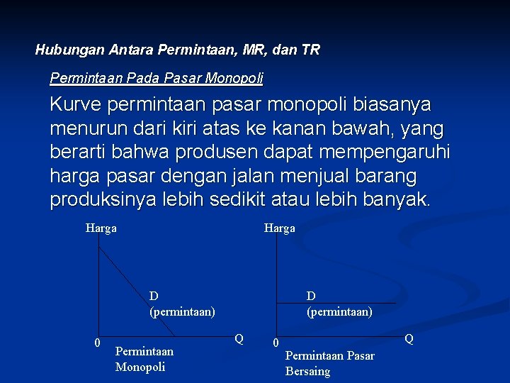 Hubungan Antara Permintaan, MR, dan TR Permintaan Pada Pasar Monopoli Kurve permintaan pasar monopoli