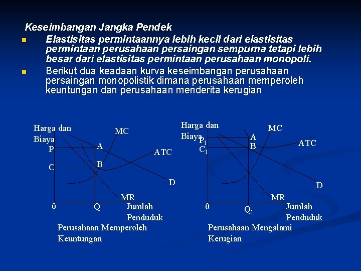 Keseimbangan Jangka Pendek n Elastisitas permintaannya lebih kecil dari elastisitas permintaan perusahaan persaingan sempurna